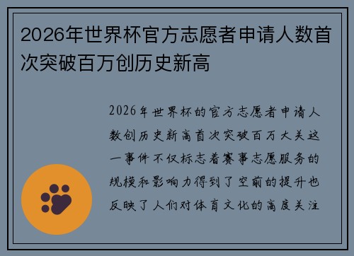 2026年世界杯官方志愿者申请人数首次突破百万创历史新高